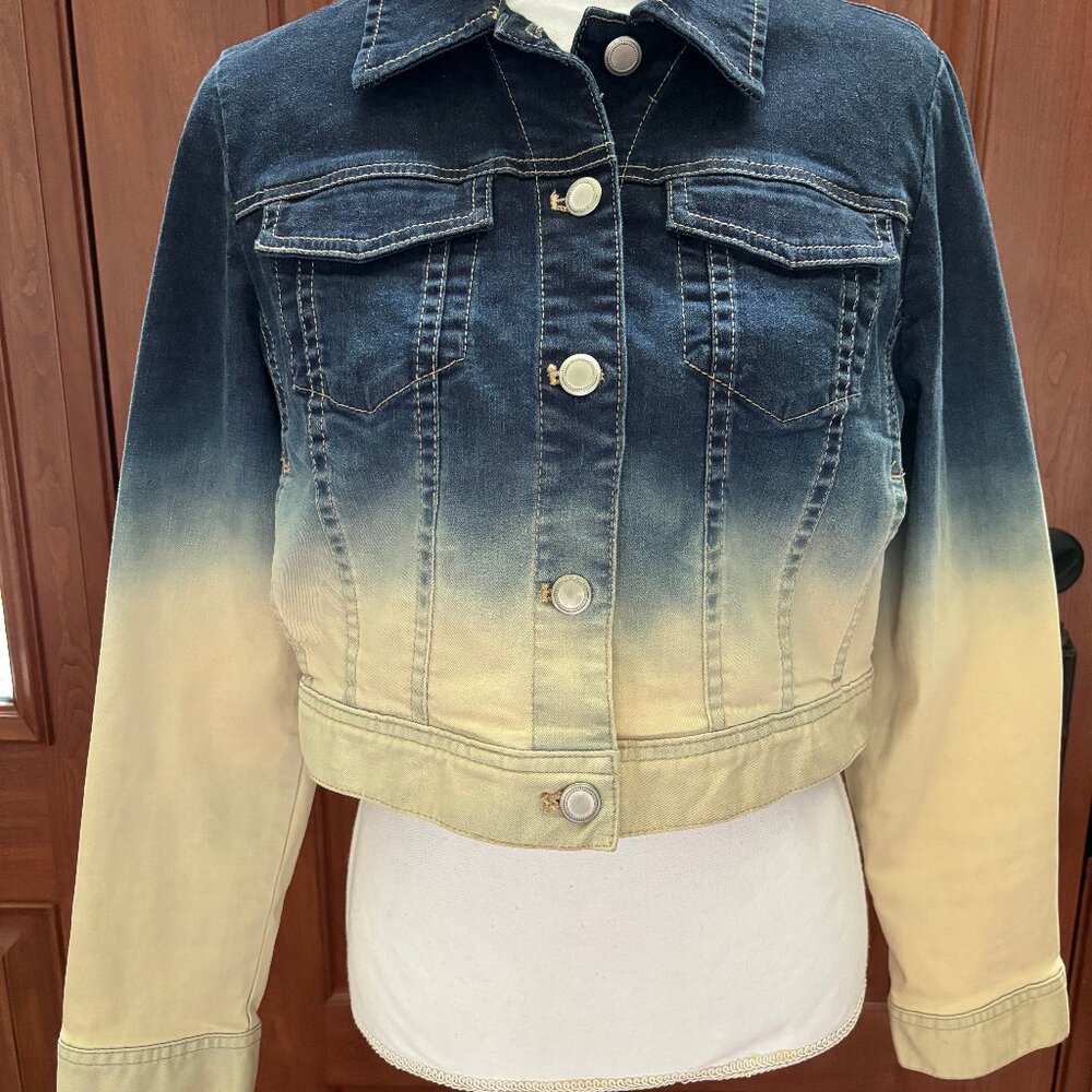 Chico's Platinum Cropped Denim Jacket, Size 1 (S, 8-10) , Blue fades to Ivory